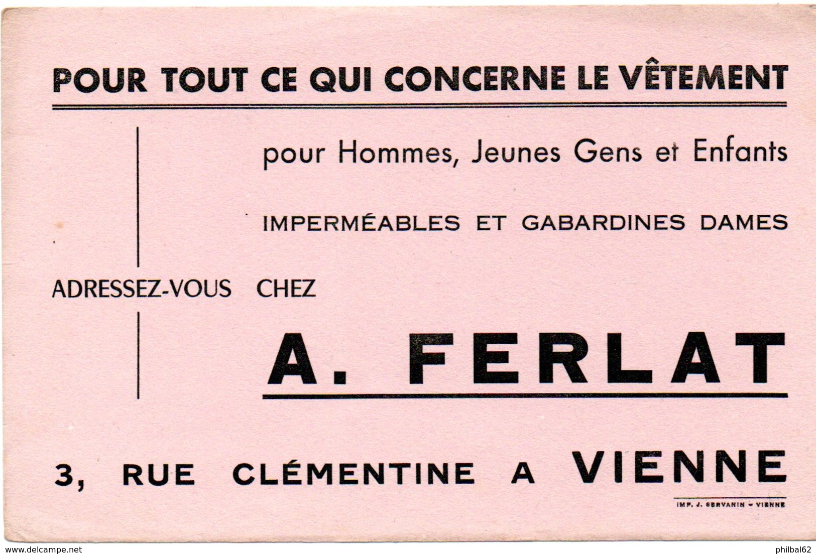 Buvard Etablissements A.Ferlat 3 Rue Clémentine à Vienne. Vêtements Pour Hommes, Jeunes Gens, Enfants. - Textile & Vestimentaire