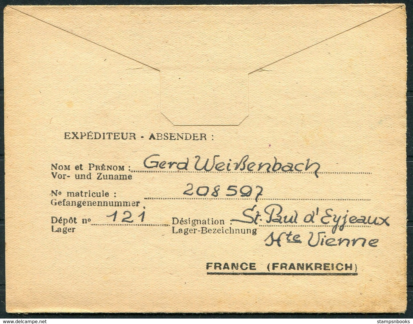 1947 France St.Paul D`Eyjeaux Prisonniers De Guerre, Kriegsgefangenenpost.Depot 121,Hte Vienne - Weissenbach Mulhausen. - Covers & Documents