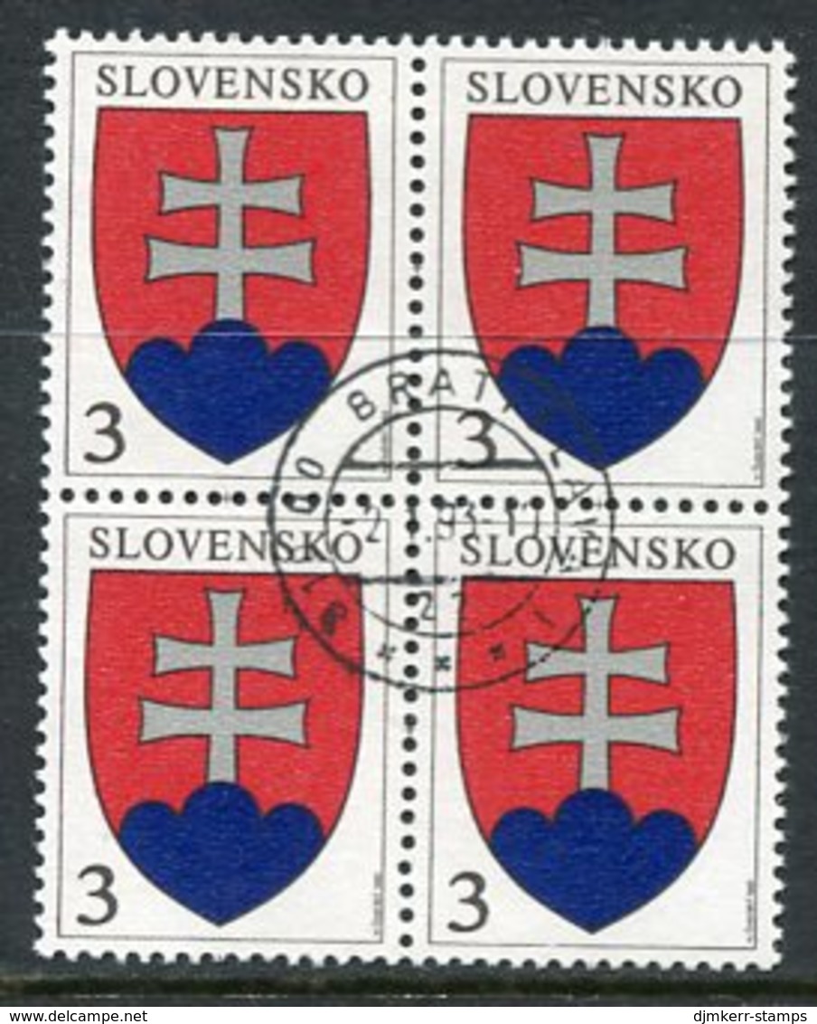 SLOVAKIA 1993 Definitive: Arms 3 Sk Block Of 4  Used.  Michel 163 - Usados