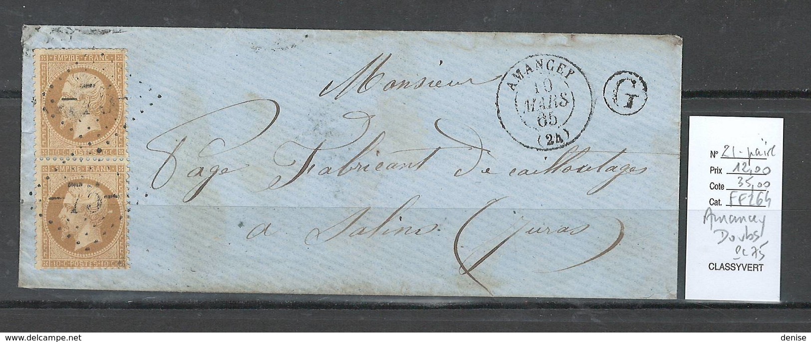 France - Lettre GC75 - Amancey  - Doubs - Yvert 21 En Paire -1866 - 1849-1876: Periodo Clásico