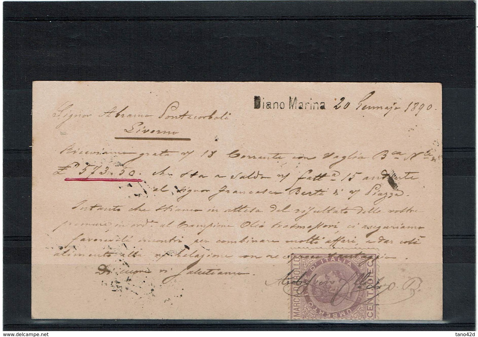 LCTN59/LE/5 - ITALIE EP CP UMBERTO I DIANO MARINA / LIVORNO 20/1/1890 TIMBRE FISCAL AU VERSO - Steuermarken