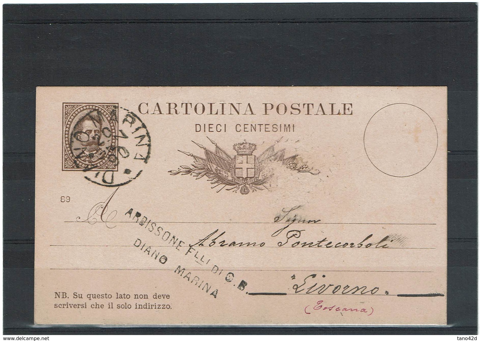 LCTN59/LE/5 - ITALIE EP CP UMBERTO I DIANO MARINA / LIVORNO 20/1/1890 TIMBRE FISCAL AU VERSO - Revenue Stamps