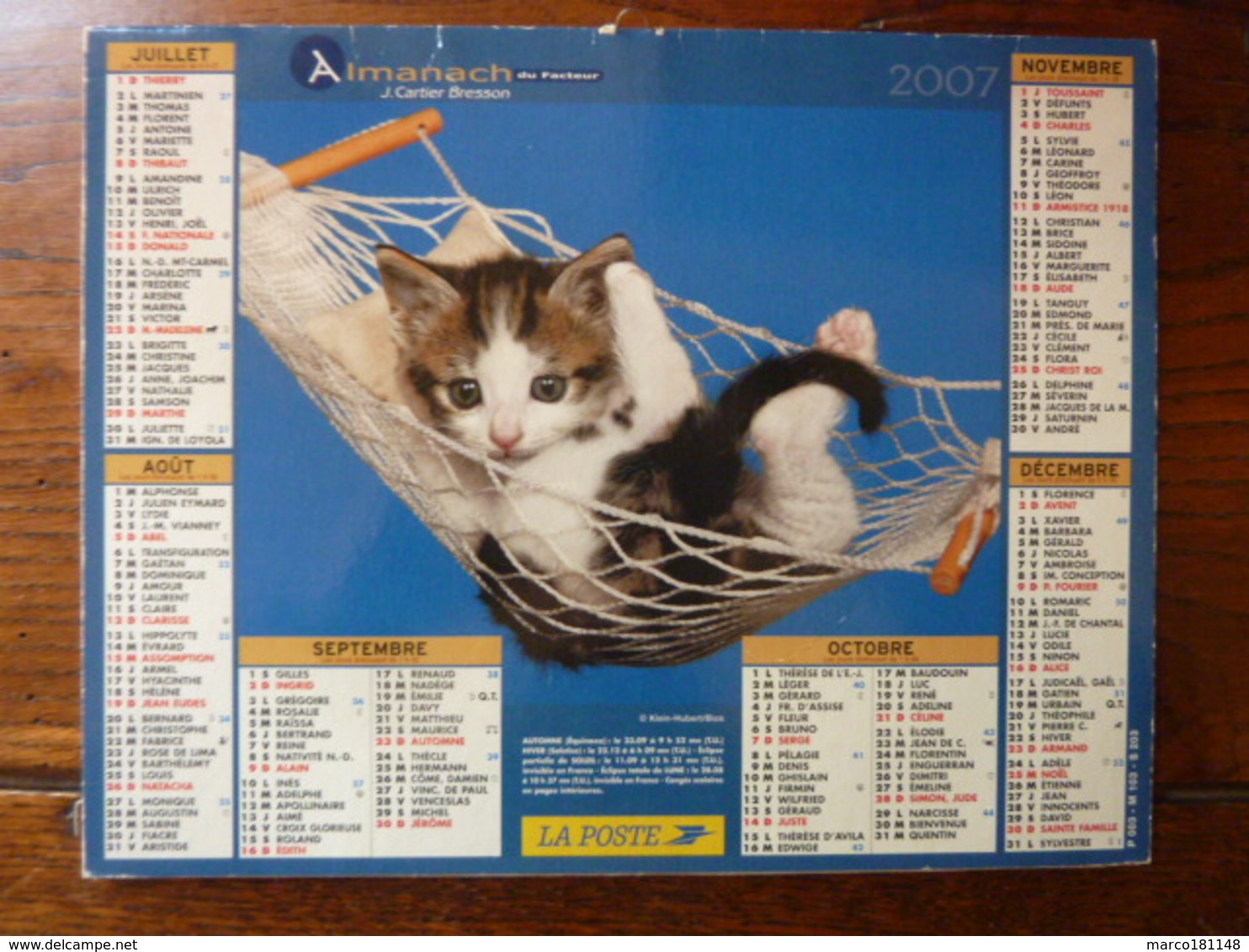 Calendrier, Almanach Du Facteur - La Poste - 2007 - Chats Persans Et Autres - Autres & Non Classés