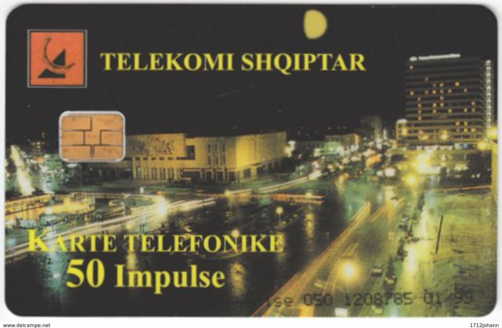 ALBANIA A-052 Chip Telekomi - View, Town By Night / Monumental Building - Used - Albanie