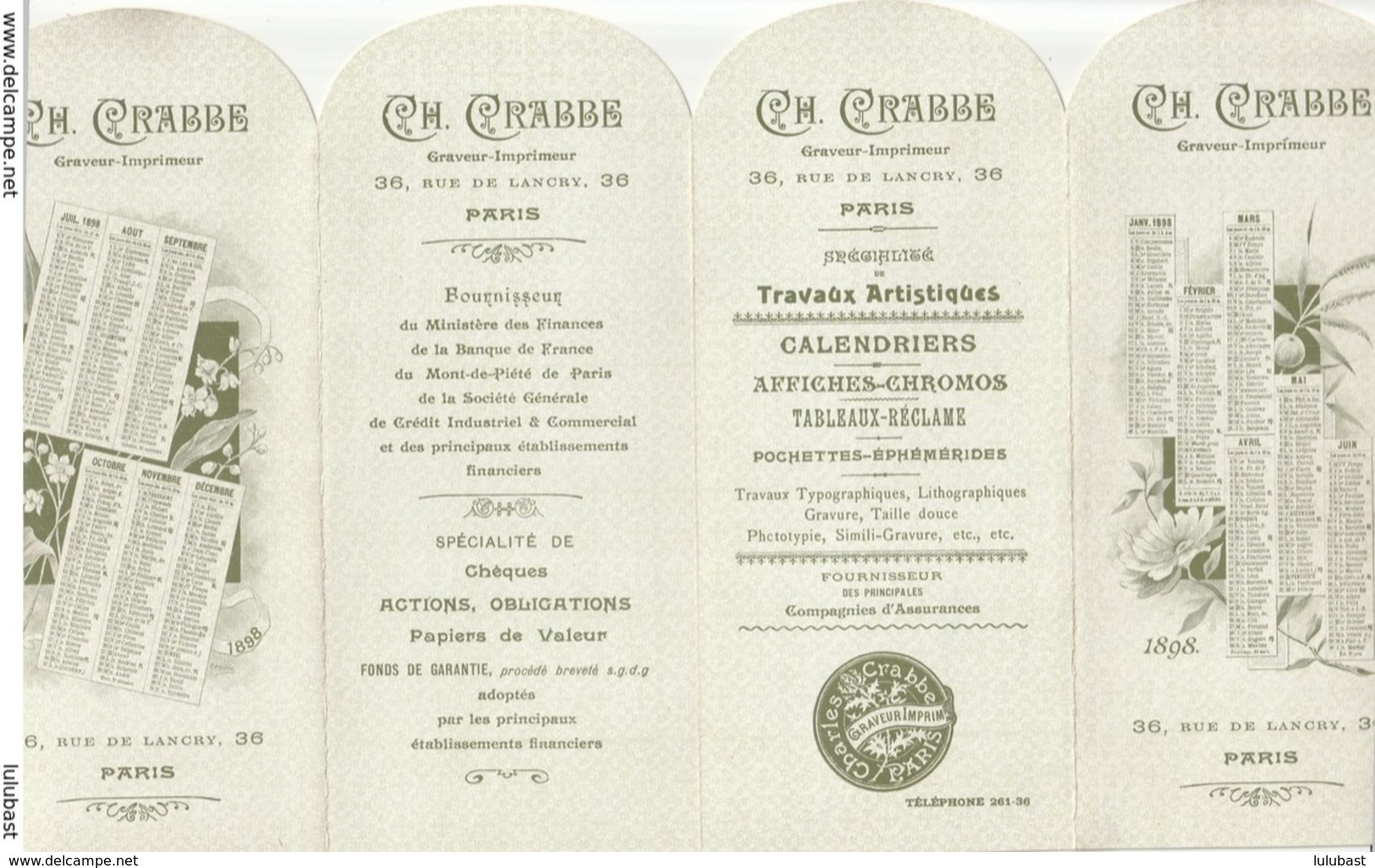 Paris, 36 Rue De Lancry : Superbe Calendrier-paravent Illustré (genre MUCHA) Du Graveur-imprimeur Ch. CRABBE. 1898. - Formato Grande : ...-1900