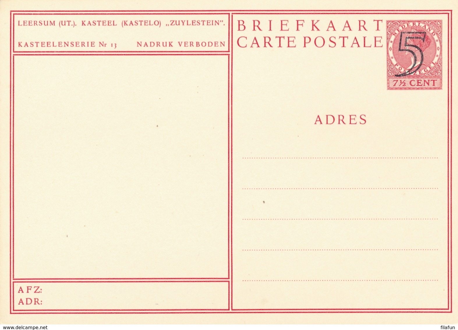 Nederland - 1946 - Kastelenserie 13 - Leersum Kasteel Zuylestein - Foto-briefkaart G286m Ongebruikt - Entiers Postaux