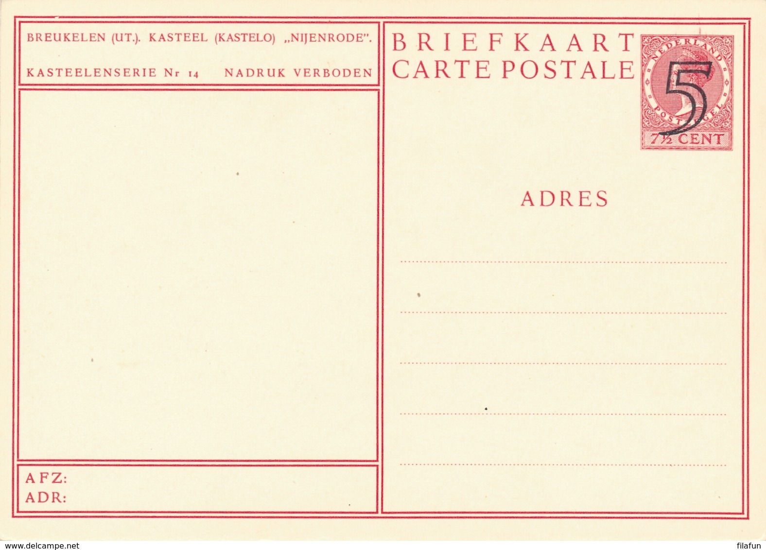 Nederland - 1946 - Kastelenserie 14 - Breukelen Kasteel Nijenrode - Foto-briefkaart G286n Ongebruikt - Interi Postali