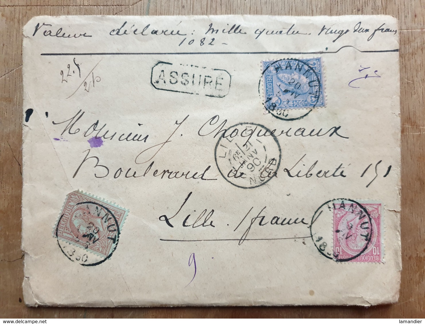 Lettre  " ASSURÉ  1082 Fr-   HANNUT  20/01/1890  - LILLE Nord - - Autres & Non Classés