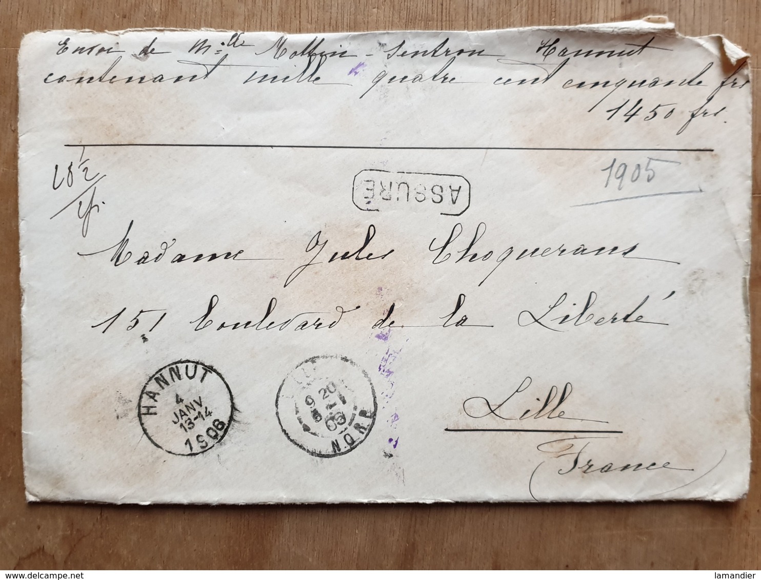 Lettre  " ASSURÉ  1450 Fr-   HANNUT  04/01/1905  - TIRLEMONT  - LILLE Nord - - Other & Unclassified