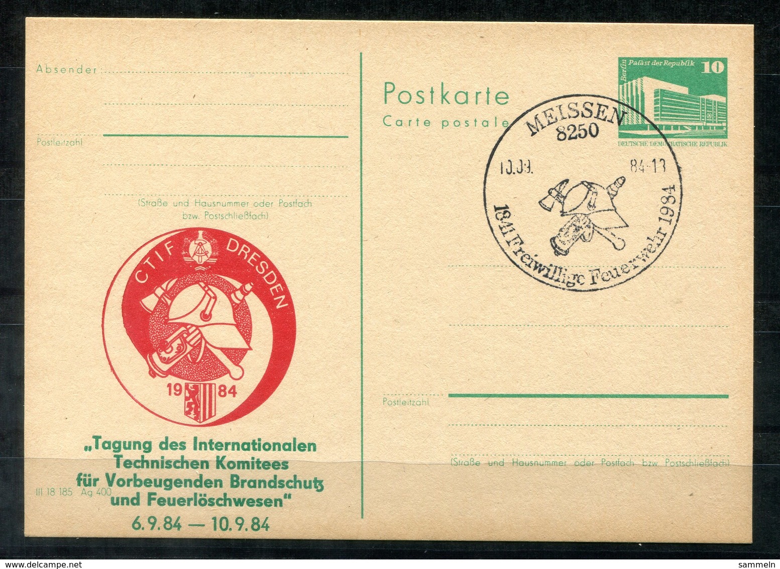 5455 - DDR - Ganzsache P84 Mit Priv. Zudruck - SoSt. Meissen (Feuerwehr-Fire Brigade-Pompiers-Vigili Del Fuoco) - Cartes Postales Privées - Oblitérées