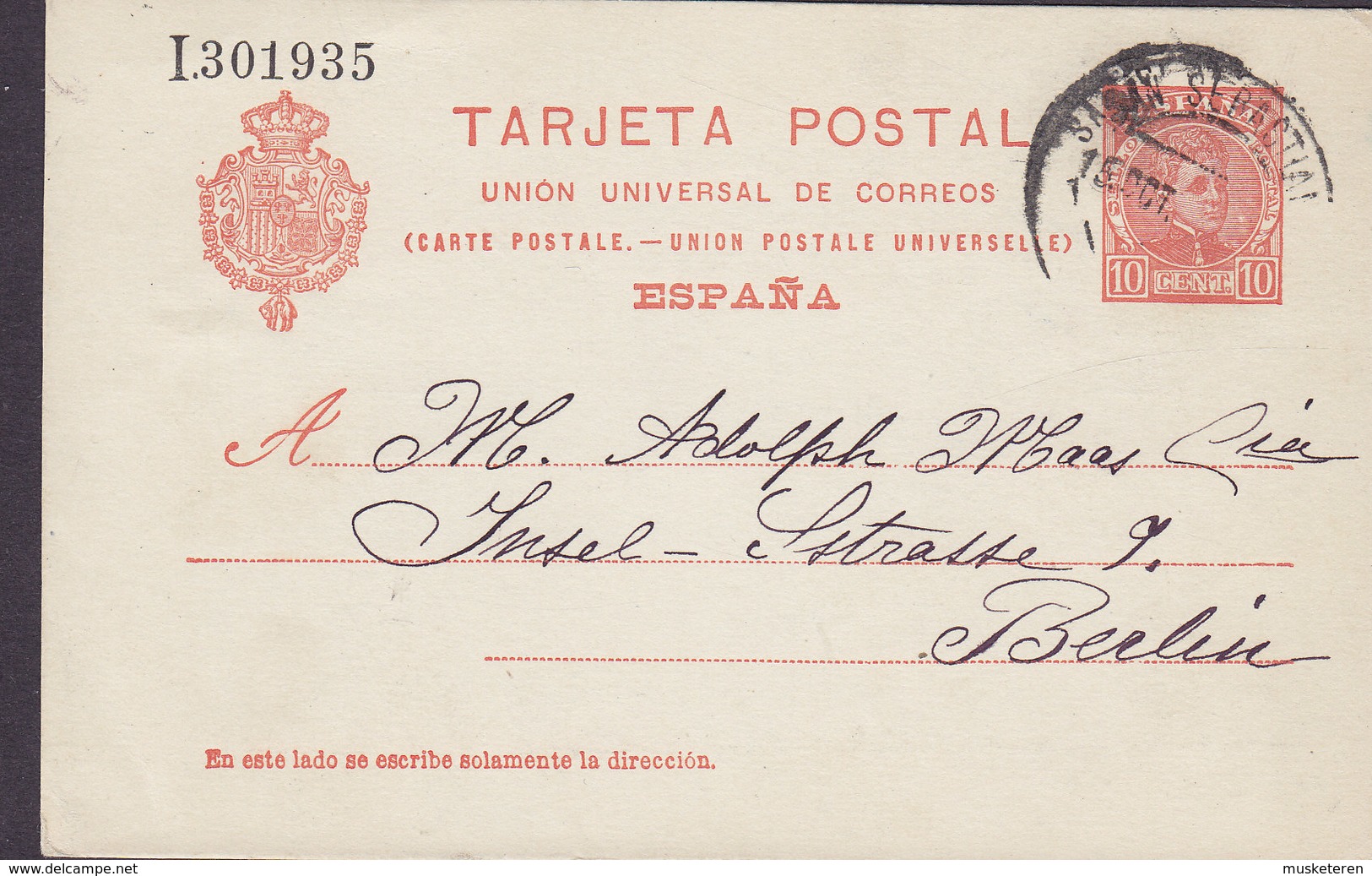 Spain UPU Postal Stationery Ganzsache Entier 10 Cs Alphonse XIII. C. ARRIETA, SAN SEBASTIAN 190? BERLIN Alemania Germany - 1850-1931