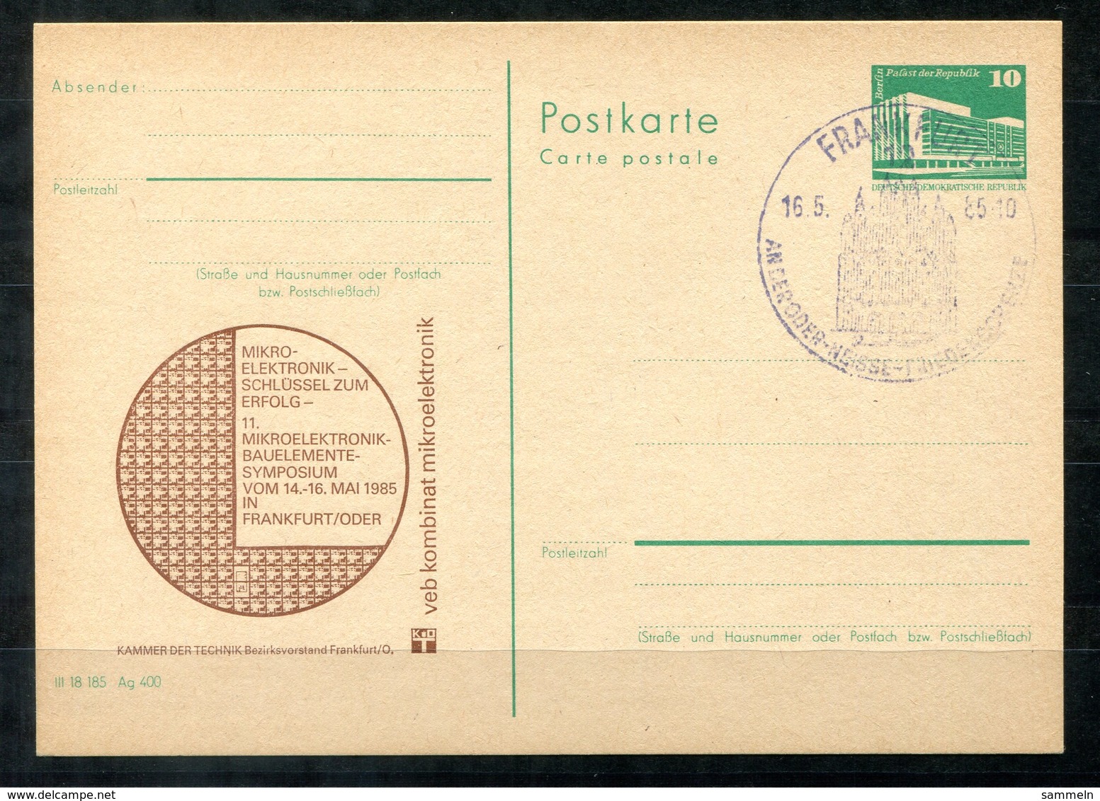 5460 - DDR - Ganzsache P84 Mit Priv. Zudruck - SoSt. Frankfurt/Oder (Mikro-Elektronik) - Cartes Postales Privées - Oblitérées