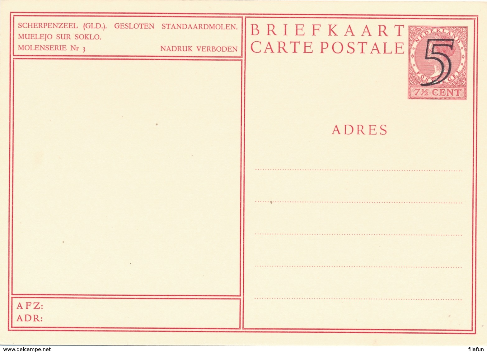 Nederland - 1946 - Molen Serie 3 - Scherpenzeel Standaardmolen - Foto-briefkaart G285c Ongebruikt - Postal Stationery