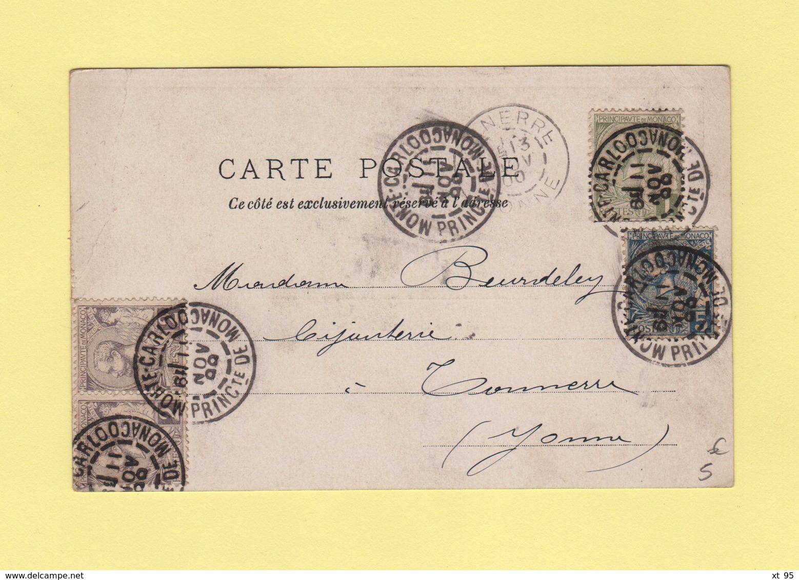 Principaute De Monaco - Monte Carlo - 11 Nov 1900 - Cd Destination Tonnerre - Yonne - Covers & Documents