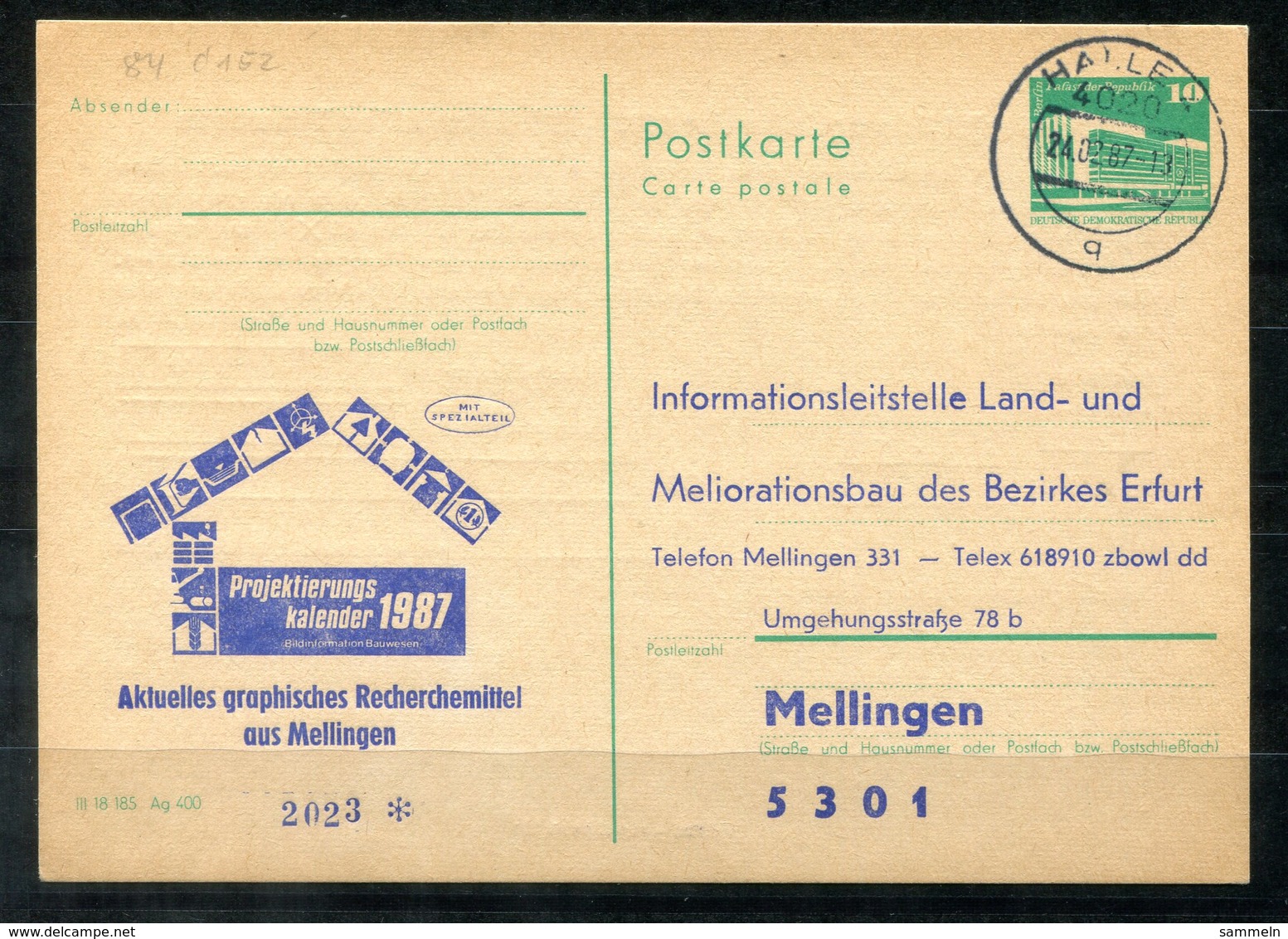 5466 - DDR - Ganzsache P84 Mit Priv. Zudruck - Tagesstempel Halle/Saale (Mellingen - Grafik) - Cartes Postales Privées - Oblitérées