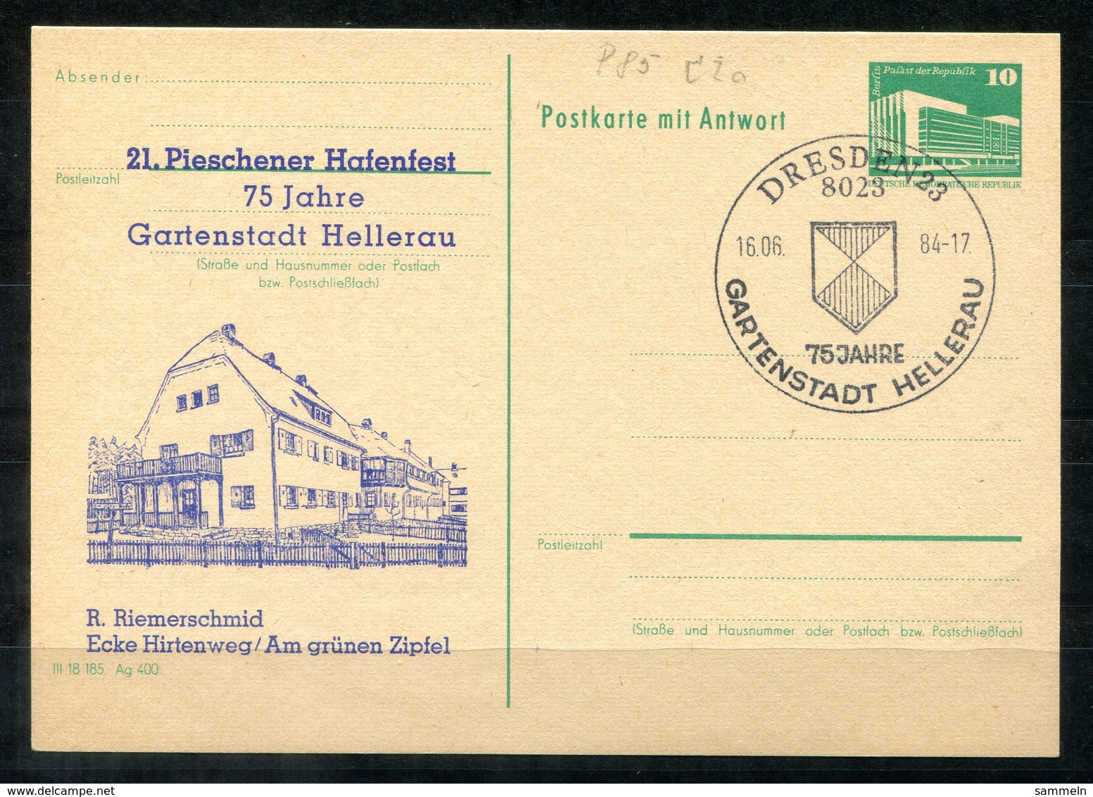 5468 - DDR - Ganzsache P85F Mit Priv. Zudruck - SoSt. Dresden (Hellerau-Pieschen-Hafenfest) - Cartes Postales Privées - Oblitérées