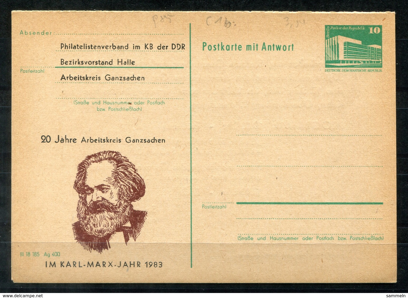 5469a - DDR - Ganzsache P85A+F Mit Priv. Zudruck - Beide Teile Ungebraucht (Karl Marx) - Privatpostkarten - Ungebraucht