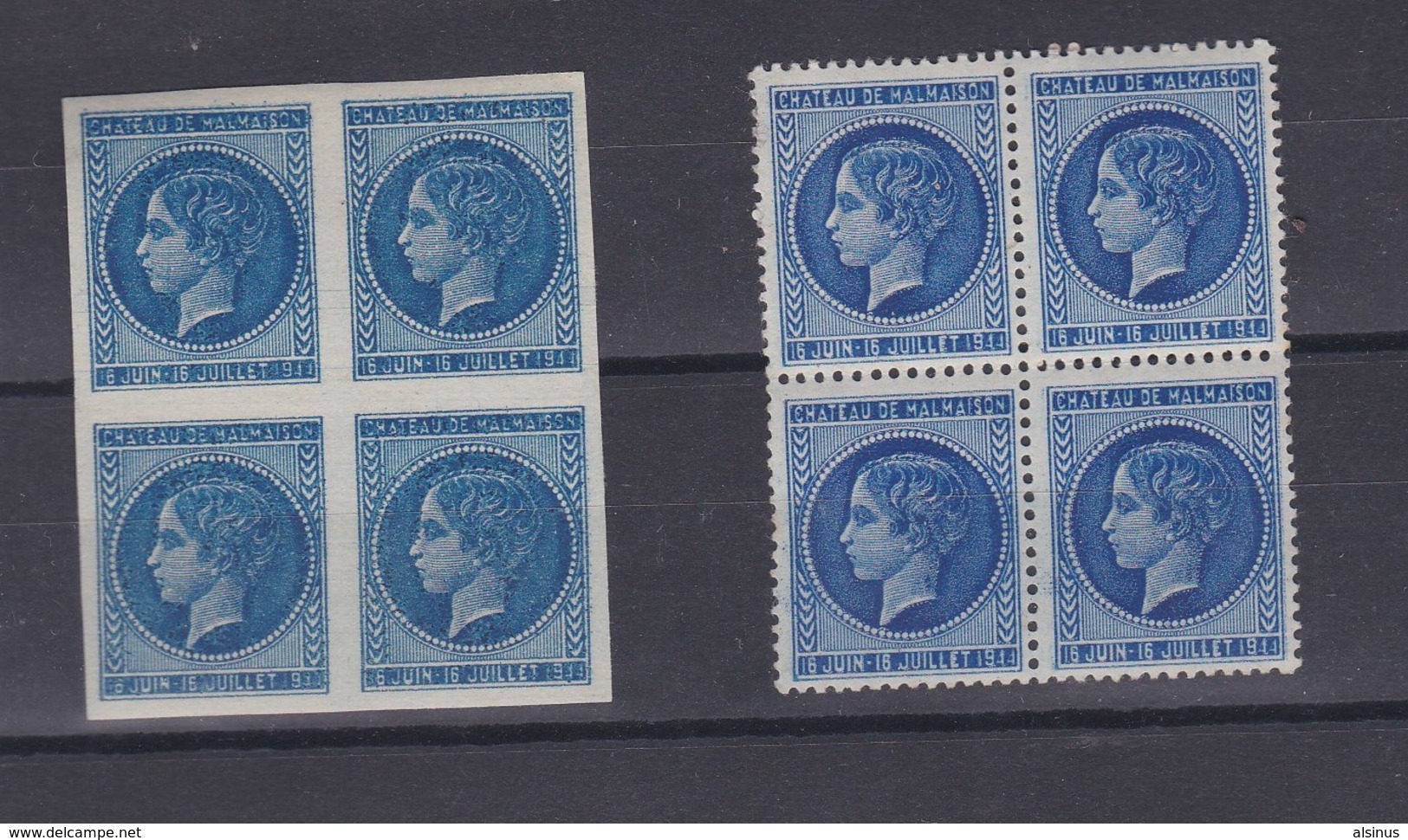 1944 - EXPOSITION PHILATELIQUE - CHÂTEAU DE MALMAISON - DEUX BLOCS DE 4 TIMBRES DENTELES ET NON DENTELES - COULEUR BLEU - Sonstige & Ohne Zuordnung