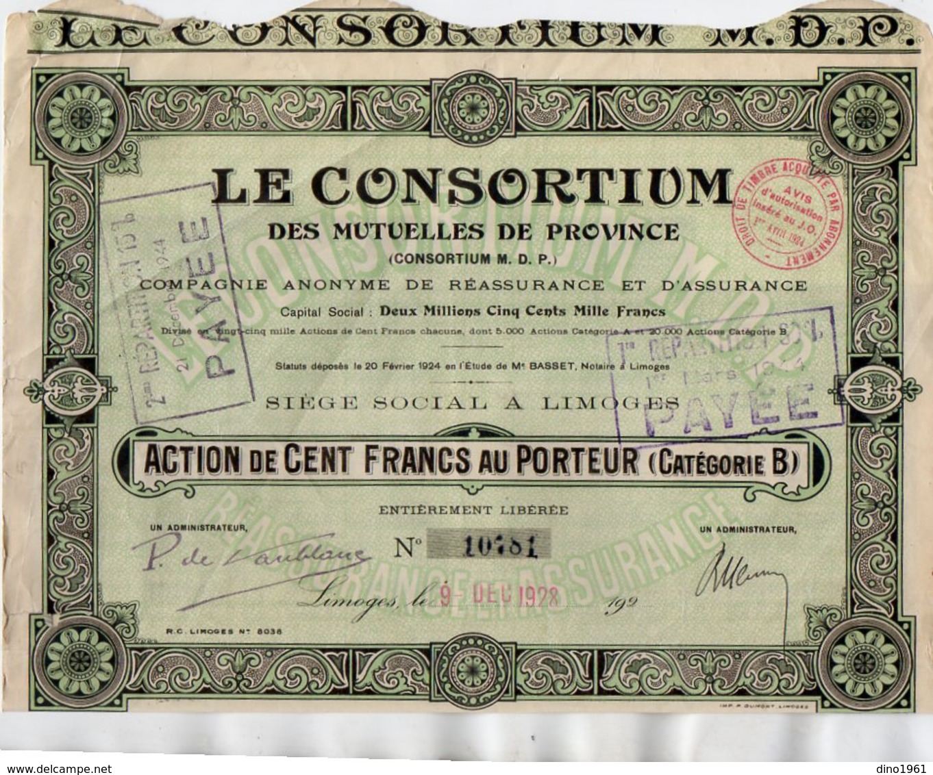 VP16.282 - LIMOGES 1928 - Action - Cie De Réassurance Et D'Assurance ¨ Le Consortium Des Mutuelles De Province ¨ - Banco & Caja De Ahorros