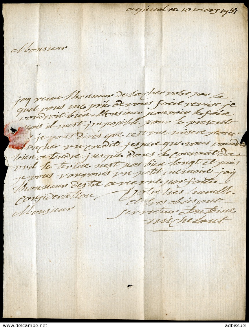 1751 VOSGES Cote 240 €. "EPINAL" En Noir (Lenain N°2a, Indice 17) Adressée à Nancy. Avec La Taxe Manuscrite "3" - 1701-1800: Précurseurs XVIII