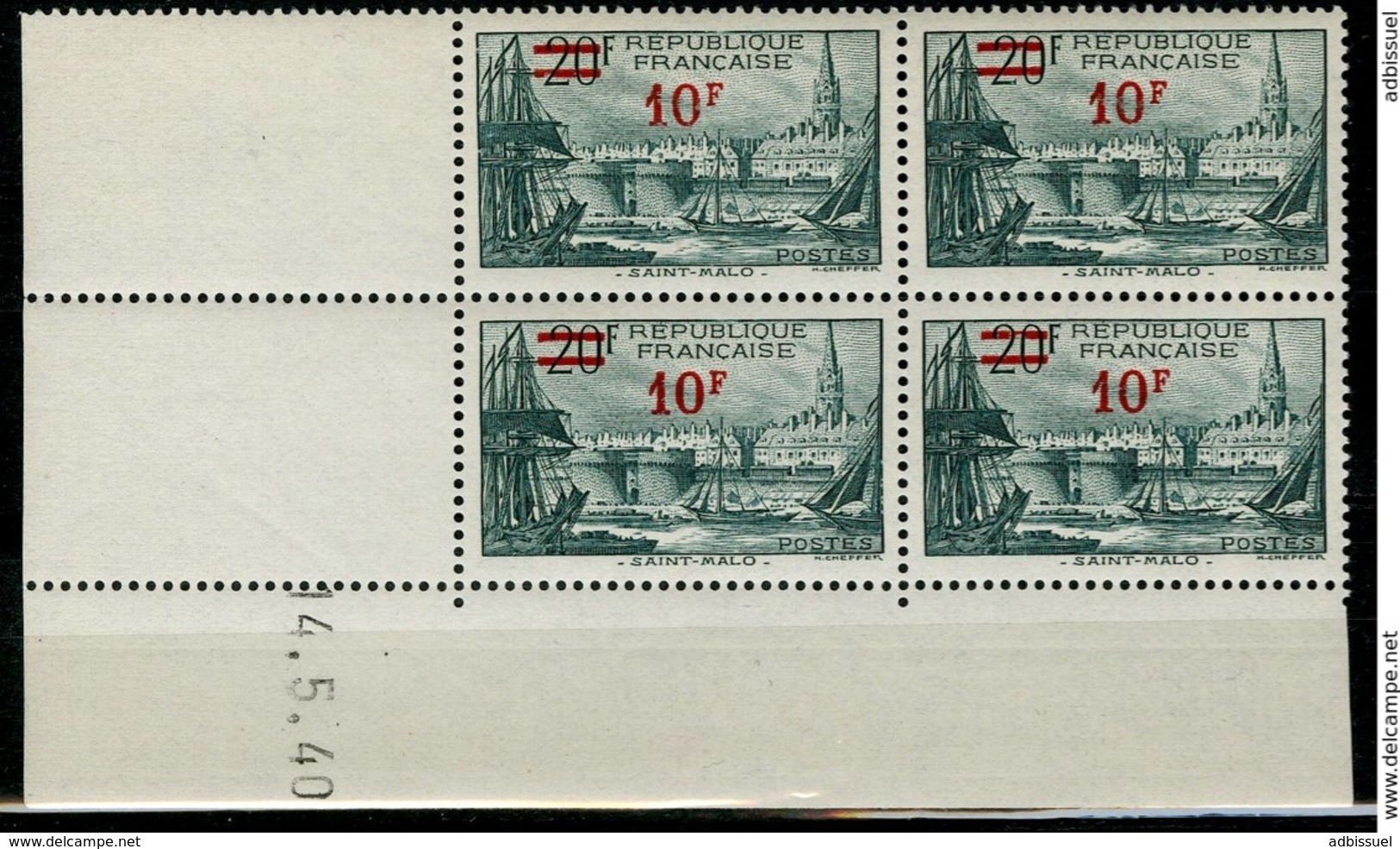 N° 492 ** (MNH). Cote 10 €. Coin Daté Du 14/5/40 / Bloc De Quatre "Port De Saint Malo" Surchargés. - 1940-1949