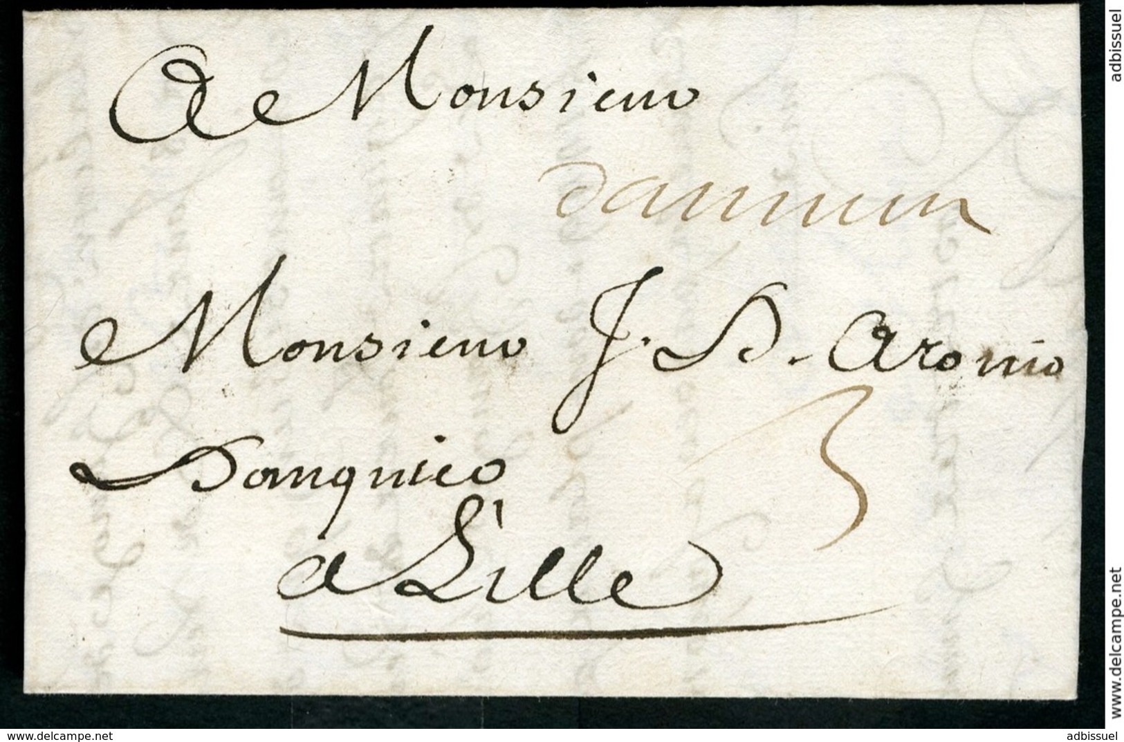 1697 SOMME Cote 600 €. "d'Amiens" Manuscrite (Lenain N°1, Indice 21) Adressée à Lille. Avec La Taxe Manuscrite "3" - ....-1700: Precursors