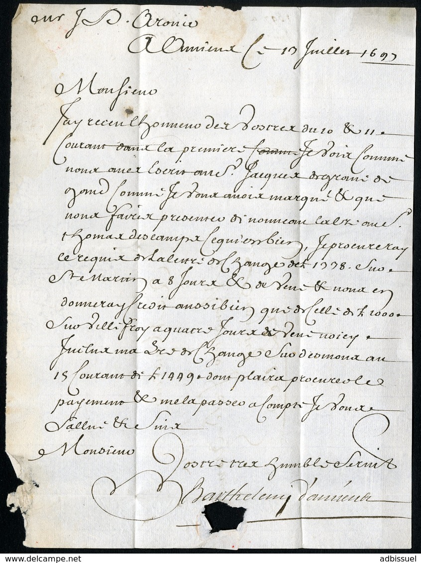1697 SOMME Cote 600 €. "d'Amiens" Manuscrite (Lenain N°1, Indice 21) Adressée à Lille. Avec La Taxe Manuscrite "3" - ....-1700: Précurseurs