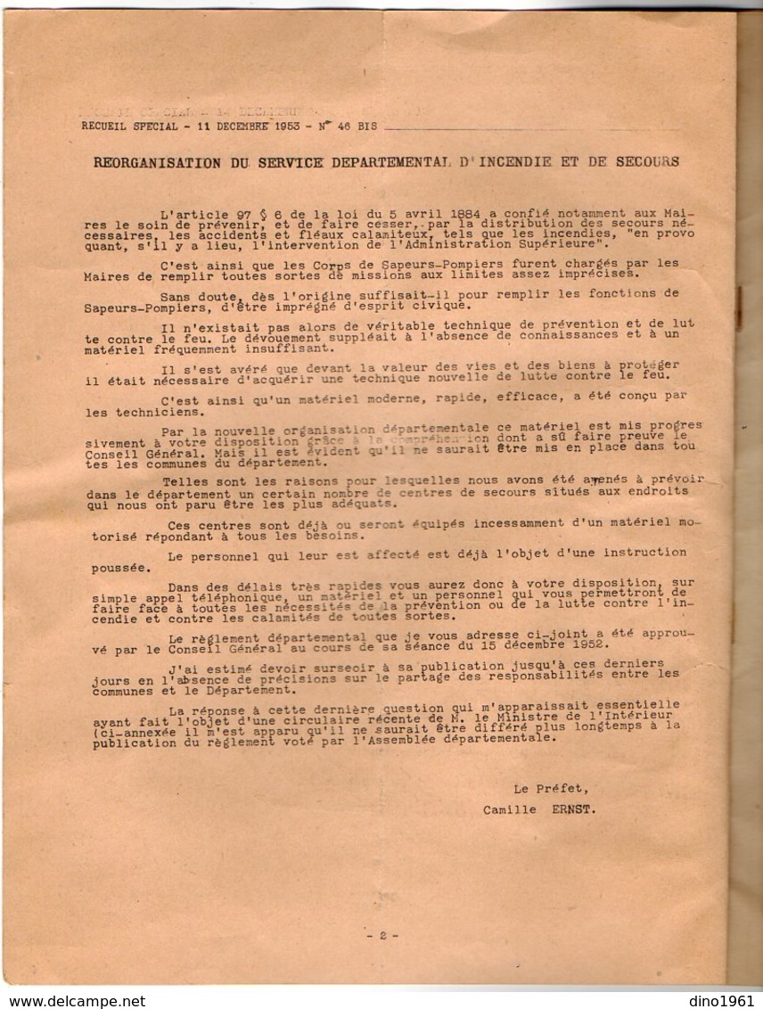 VP16.283 - MELUN 1953 - Recueil - Réorganisation Du Service Départemental D'Incendie Et De Secours (Sapeurs - Pompiers) - Pompieri