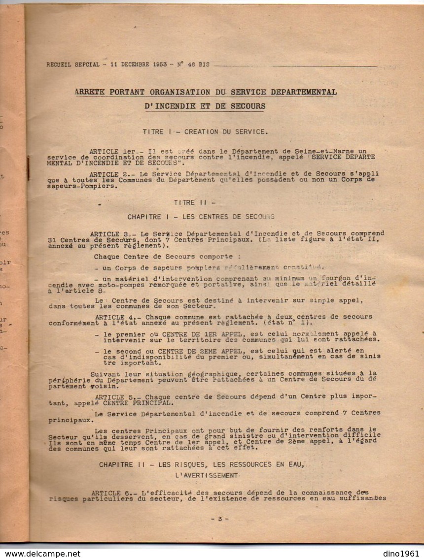 VP16.283 - MELUN 1953 - Recueil - Réorganisation Du Service Départemental D'Incendie Et De Secours (Sapeurs - Pompiers) - Firemen