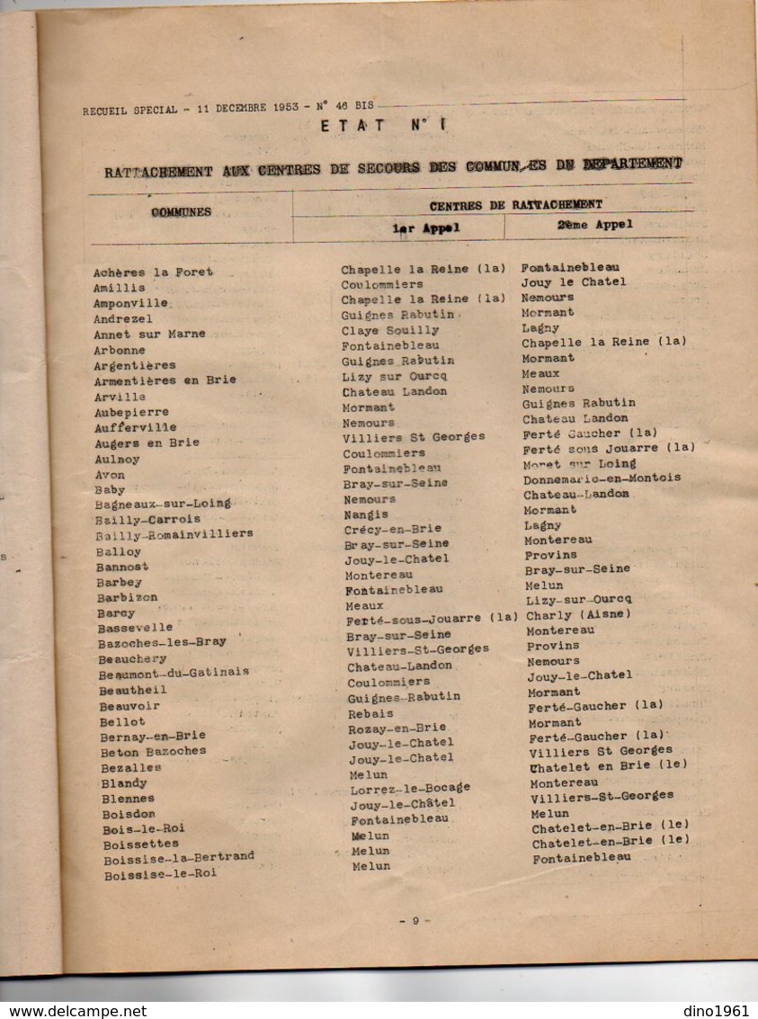 VP16.283 - MELUN 1953 - Recueil - Réorganisation Du Service Départemental D'Incendie Et De Secours (Sapeurs - Pompiers) - Pompiers