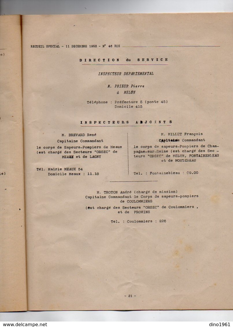 VP16.283 - MELUN 1953 - Recueil - Réorganisation du Service Départemental d'Incendie et de Secours (Sapeurs - Pompiers)