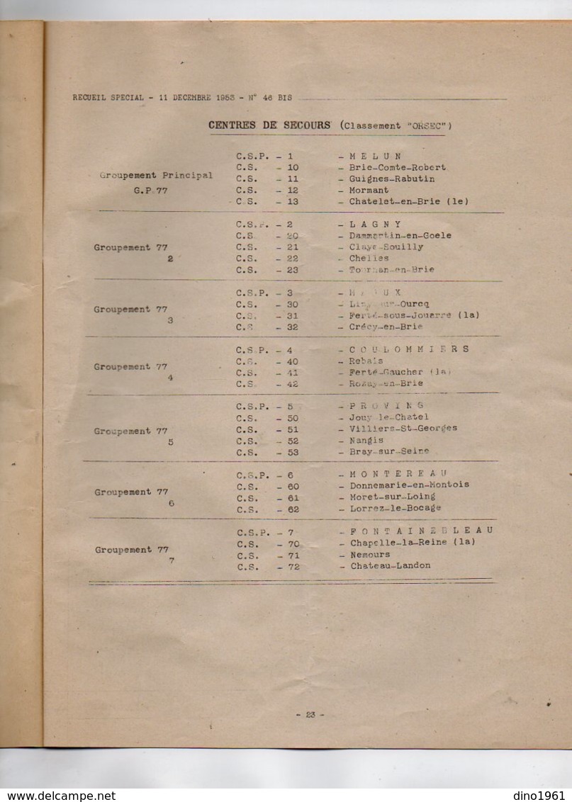 VP16.283 - MELUN 1953 - Recueil - Réorganisation du Service Départemental d'Incendie et de Secours (Sapeurs - Pompiers)