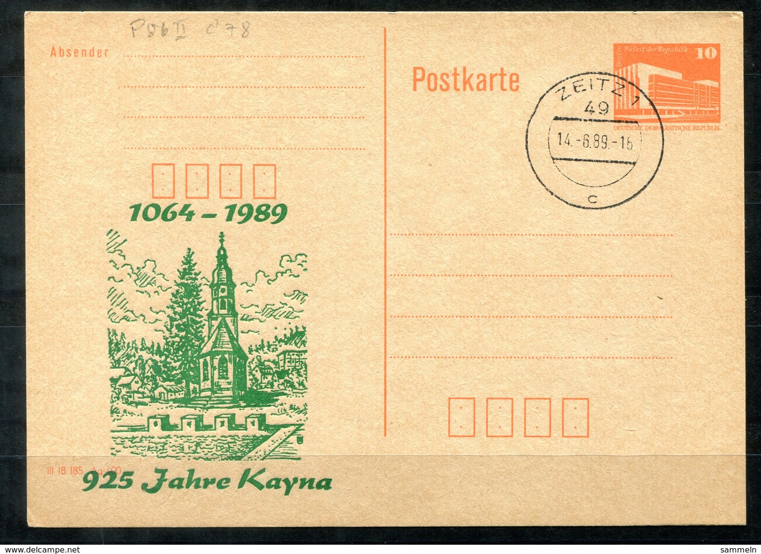 5485 - DDR - Ganzsache P86 II  Mit Priv. Zudruck - Tagesstempel Zeitz (925 Jahre Kayna) - Private Postcards - Used