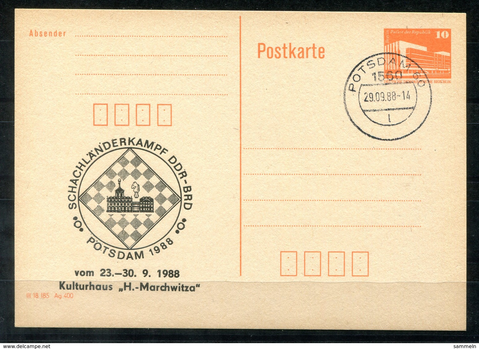 5486 - DDR - Ganzsache P86 II  Mit Priv. Zudruck - Tagesstempel Potsdam (Schach-Chess-Echecs-Scacchi) - Privatpostkarten - Gebraucht