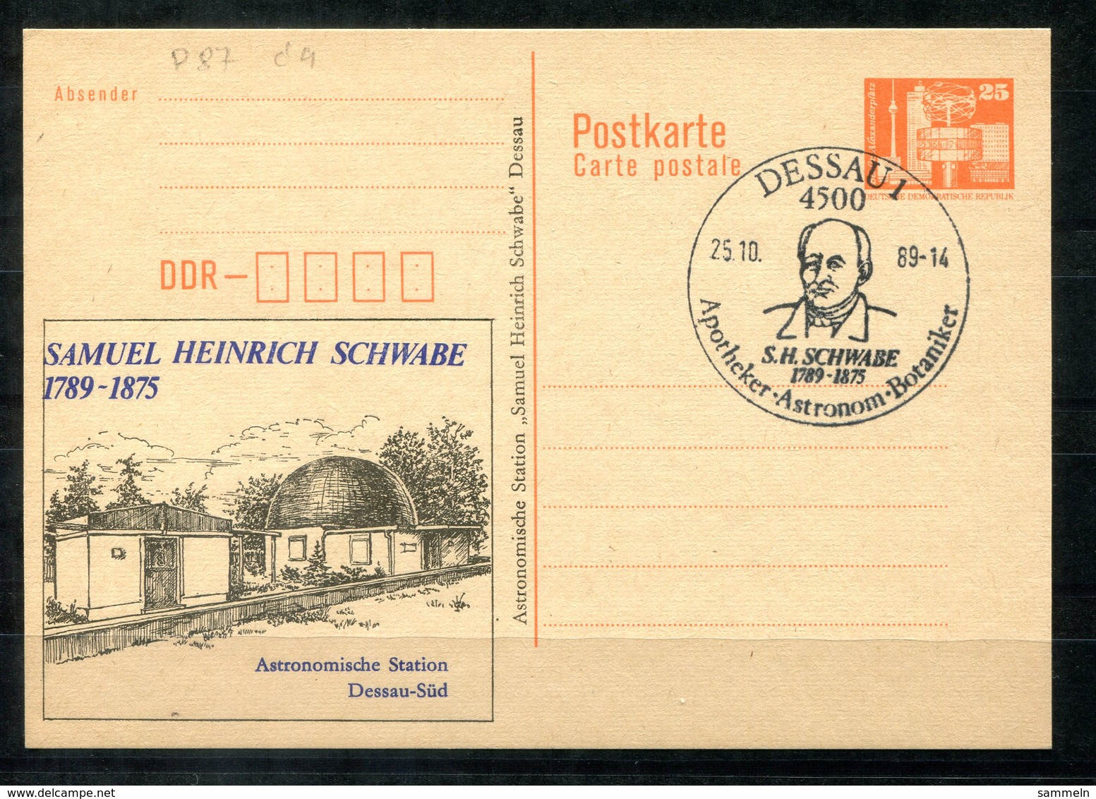 5487 - DDR - Ganzsache P87  Mit Priv. Zudruck - SoSt. Dessau (S.H.Schwabe-Apotheker-Astronomie) - Cartes Postales Privées - Oblitérées