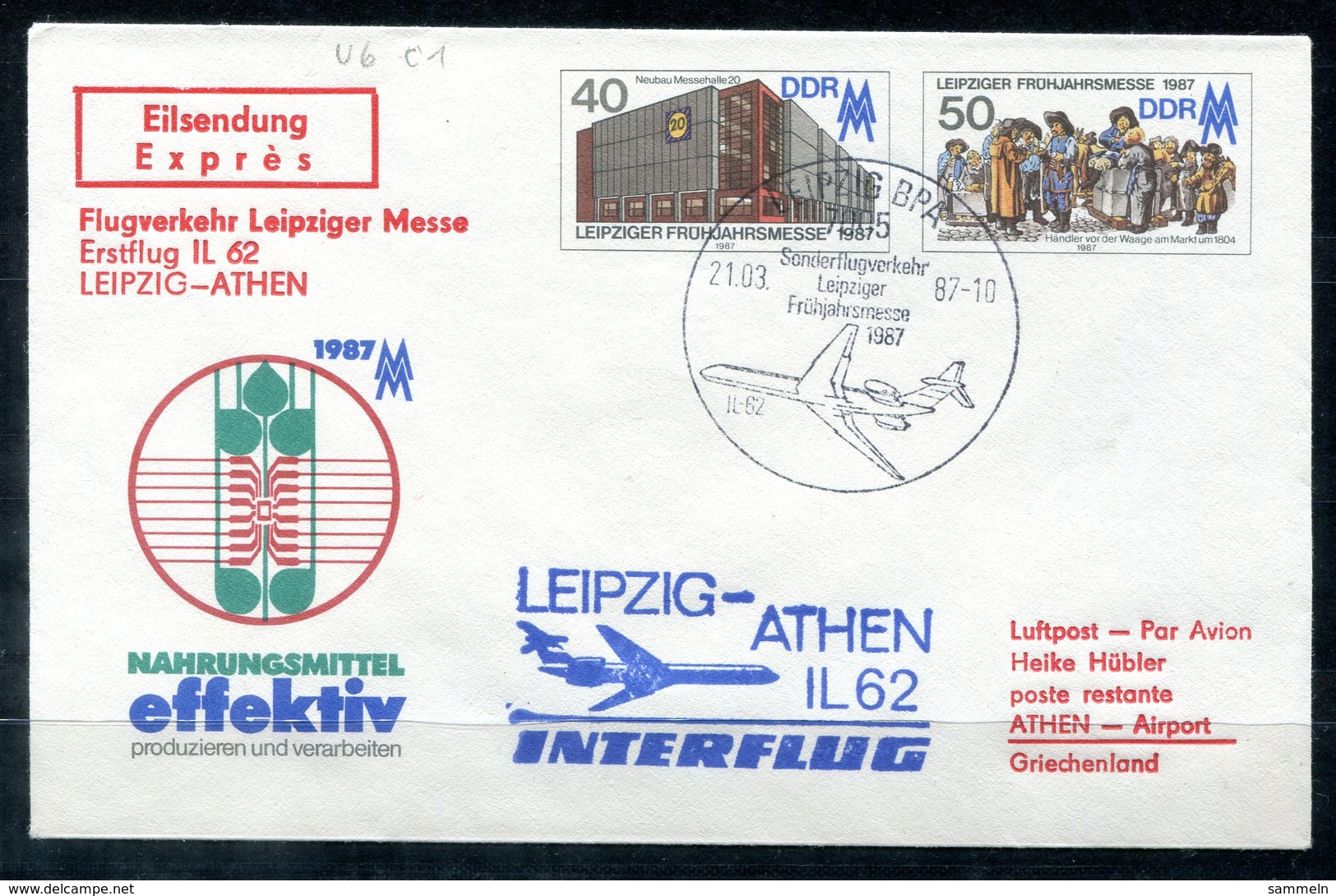 5493 - DDR - Ganzsache U6 - Interflug IL 62 Von Leipzig Nach Athen - Covers - Used