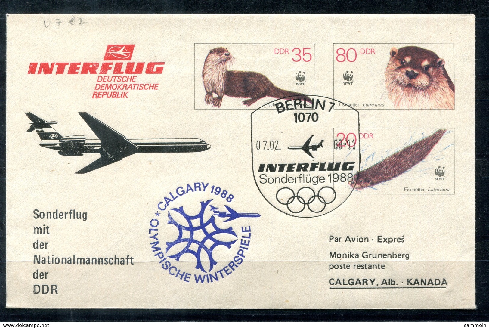 5494 - DDR - Ganzsache U7 - Interflug Sonderflug Olympische Spiele Calgary 1988 - Enveloppes - Oblitérées