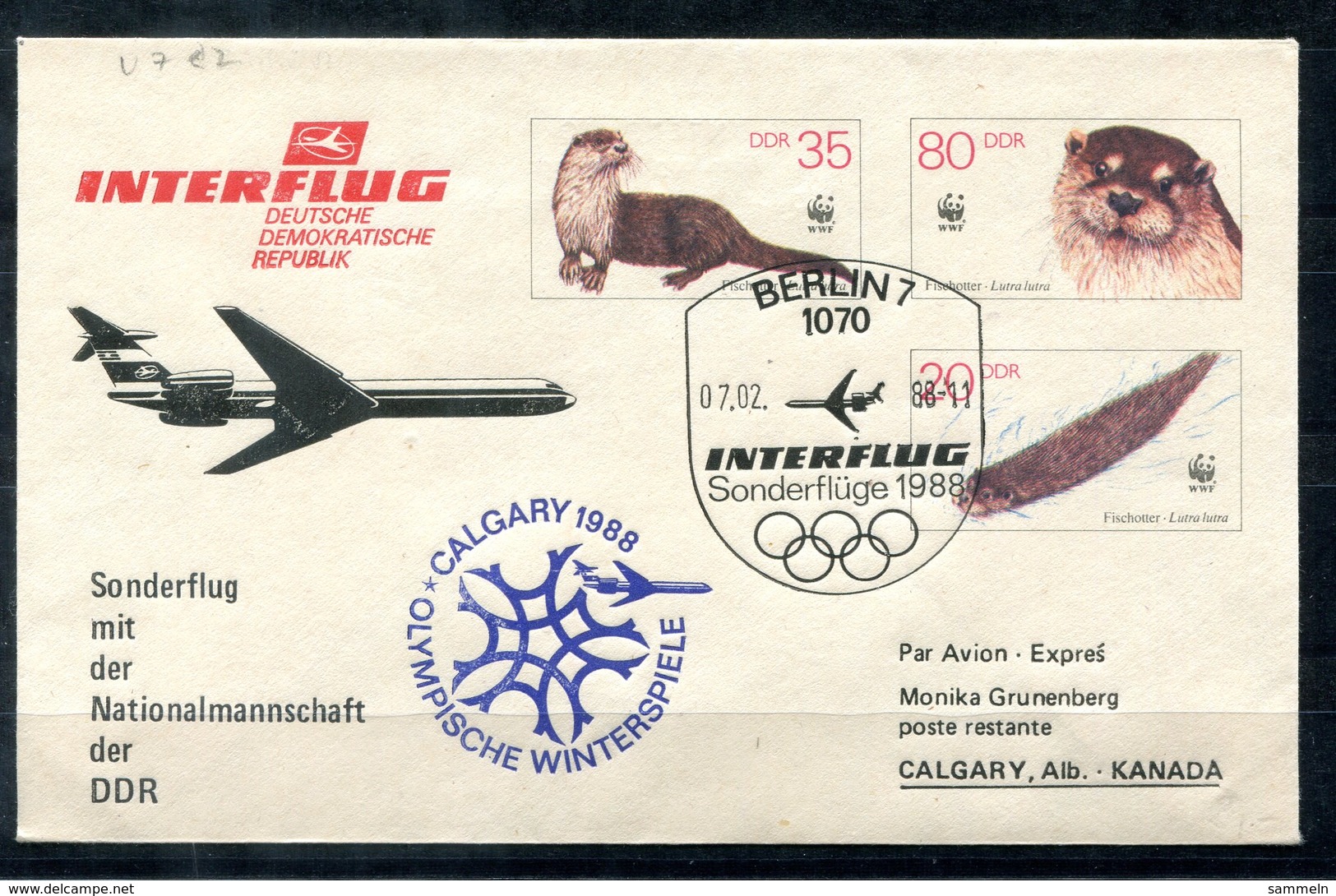 5494 - DDR - Ganzsache U7 - Interflug Sonderflug Olympische Spiele Calgary 1988 - Umschläge - Gebraucht