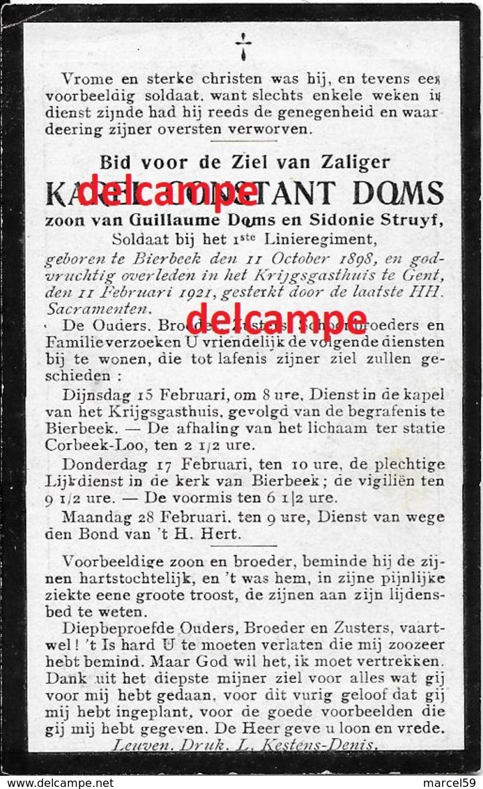 Oorlog Guerre Karel Doms Bierbeek Soldaat Gesneuveld Te Gent 1921 Aan Een Oorlogsziekte Korbeek Loo Doodsprentje Bidpren - Images Religieuses