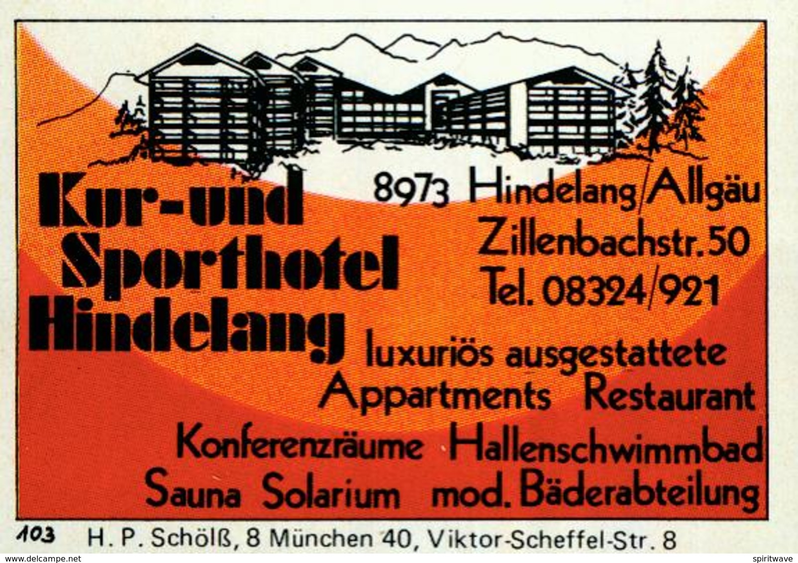 1 Altes Gasthausetikett, Kur-und Sporthotel Hindelang, 8973 Hindelang/Allgäu, Zillenbacherstr. 50 #219 - Matchbox Labels