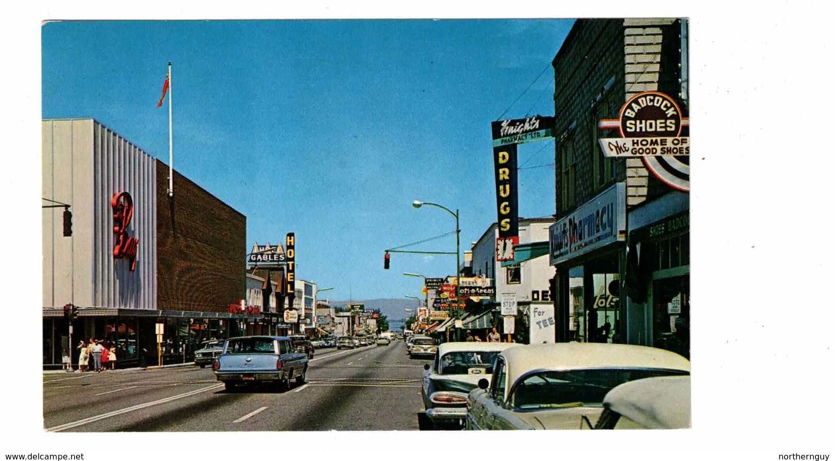 PENTICTON, British Columbia, Canada, Main Street & Stores, 1950's Cars, Old Chrome Postcard - Penticton