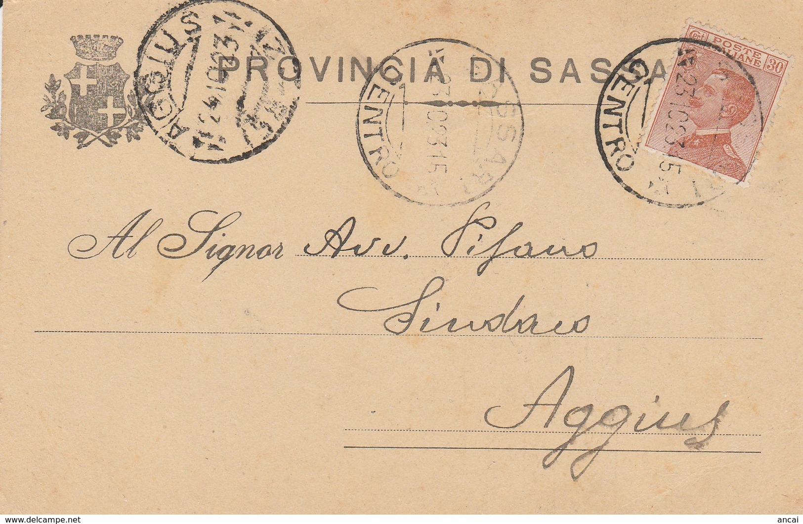 Aggius. 1923. Annullo Frazionario ( 58 - 2 ), Su Cartolina Della PROVINCIA SI SASSARI, Affrancata Michetti C. 30 - Storia Postale