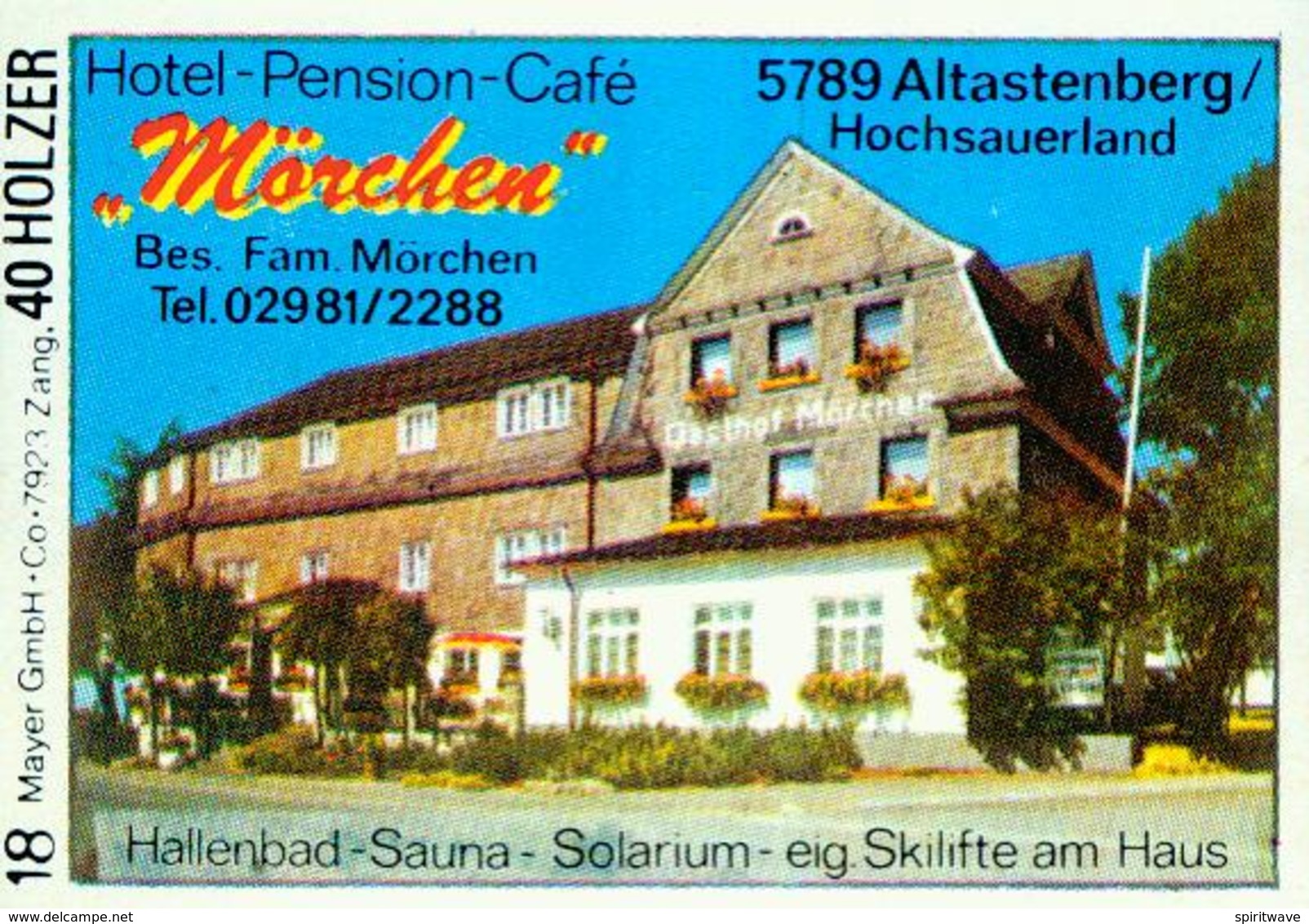 1 Altes Gasthausetikett, Hotel-Pension-Café Mörchen, Bes. Fam. Mörchen, 5789 Altastenberg/Hochsauerland #221 - Matchbox Labels