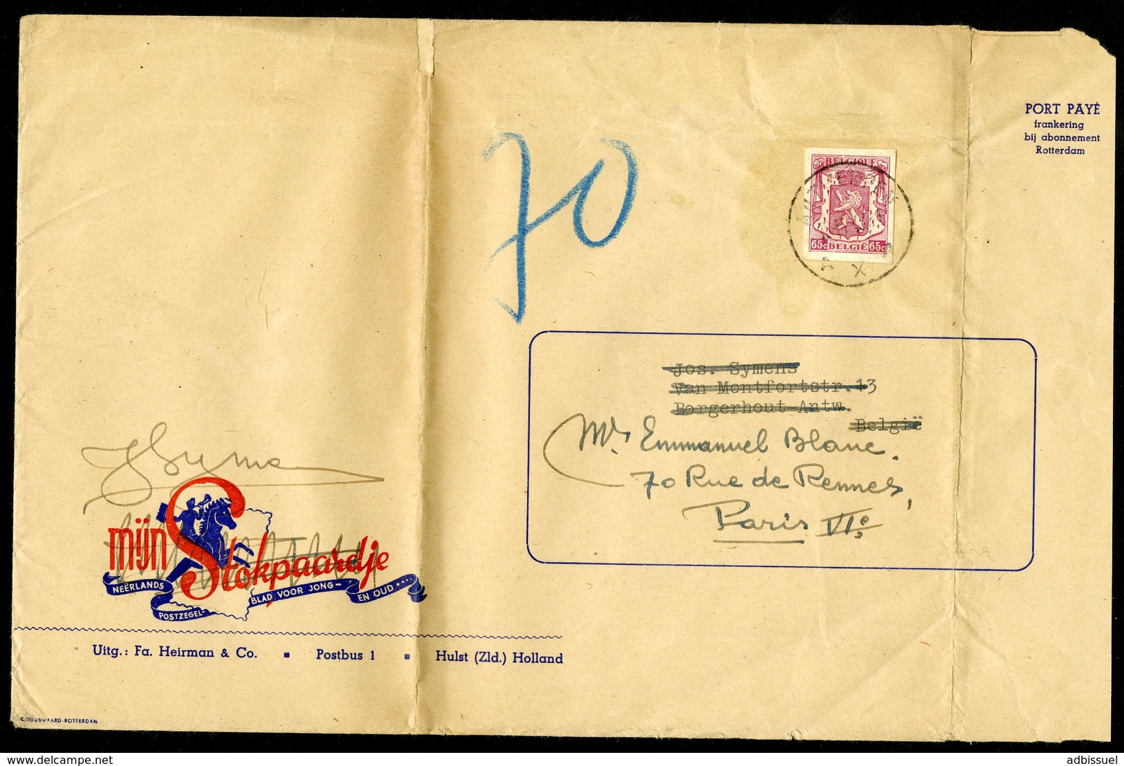 Découpe D'entier Postal Du 65c Lilas Type Petit Sceau De L'Etat. Sur Une Grande Enveloppe Obl "ANTWERPEN 16/5/48". - 1935-1949 Sellos Pequeños Del Estado