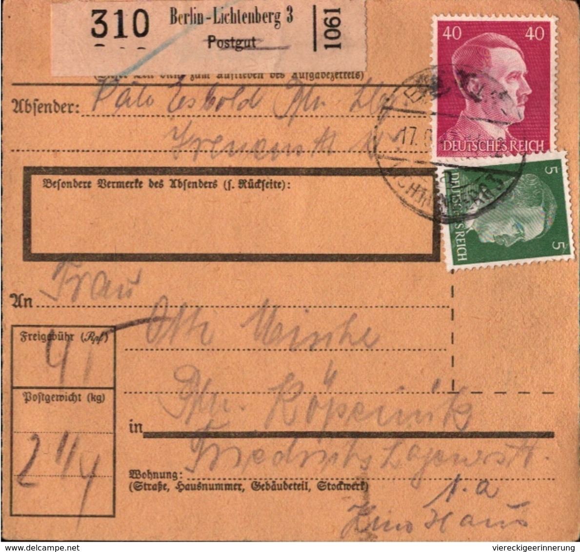 ! 1943 Paketkarte Deutsches Reich, Berlin Lichtenberg 3 - Cartas & Documentos