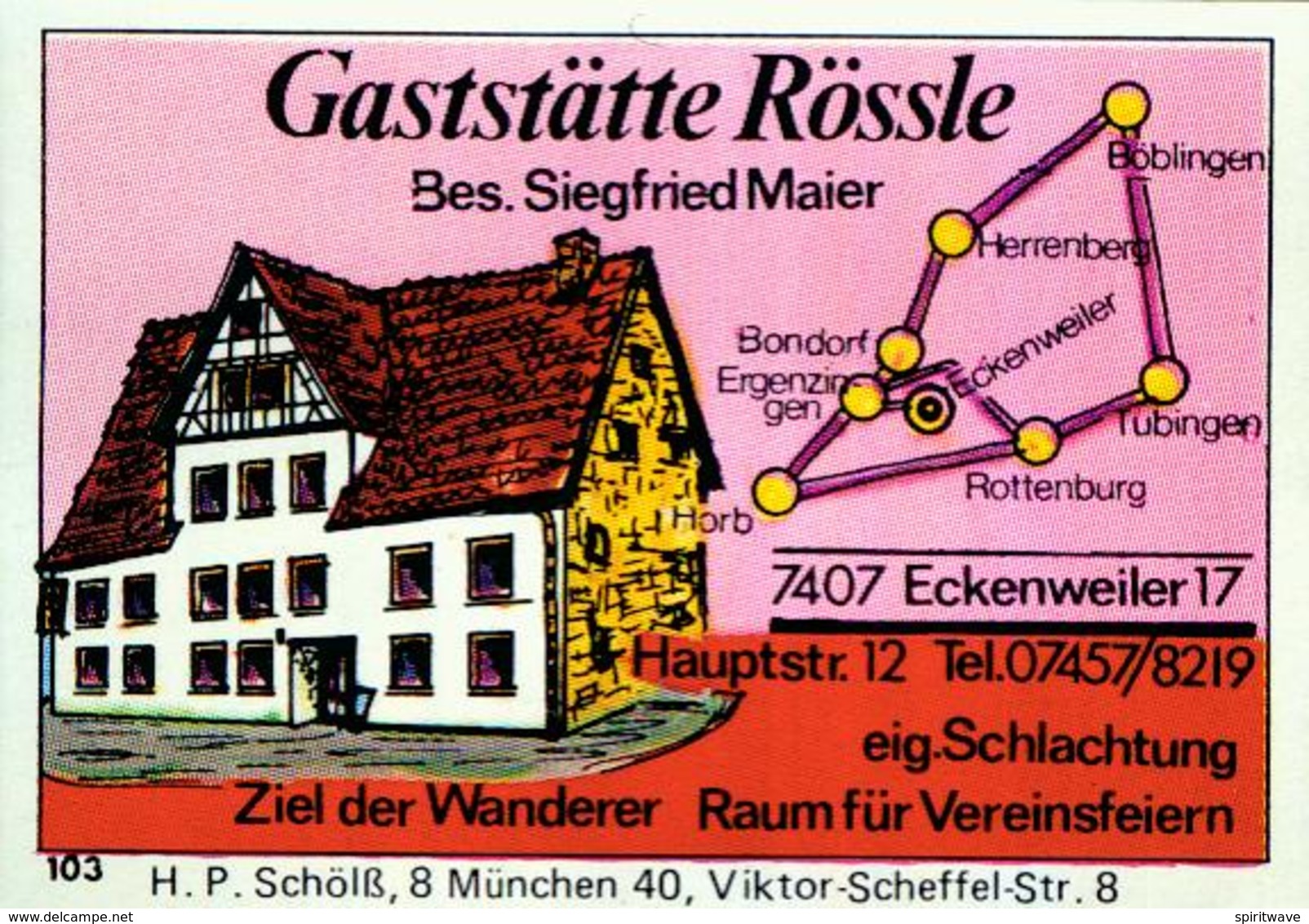 1 Altes Gasthausetikett, Gaststätte Rössle, Bes. Siegfried Maier, 7407 Eckenweiler 17, Hauptstr. 12 #223 - Matchbox Labels