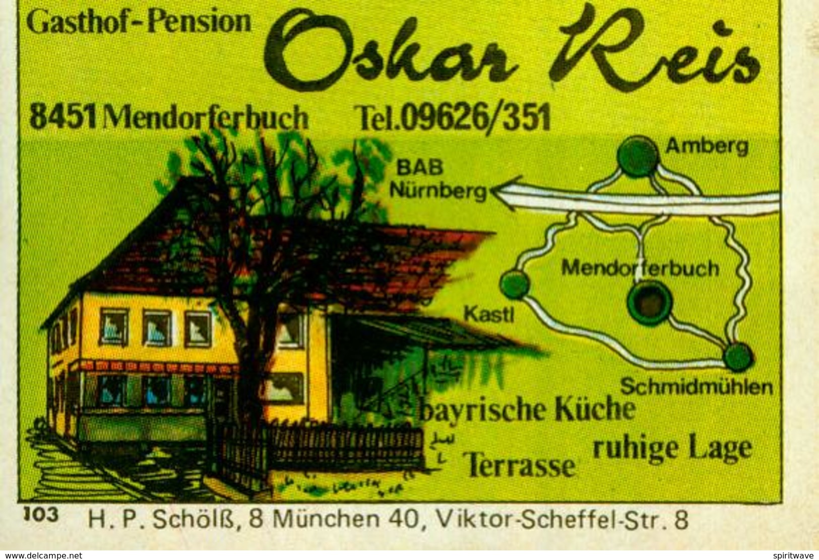 1 Altes Gasthausetikett, Gasthof-Pension Oskar Reis, 8451 Mendorferbuch #229 - Matchbox Labels