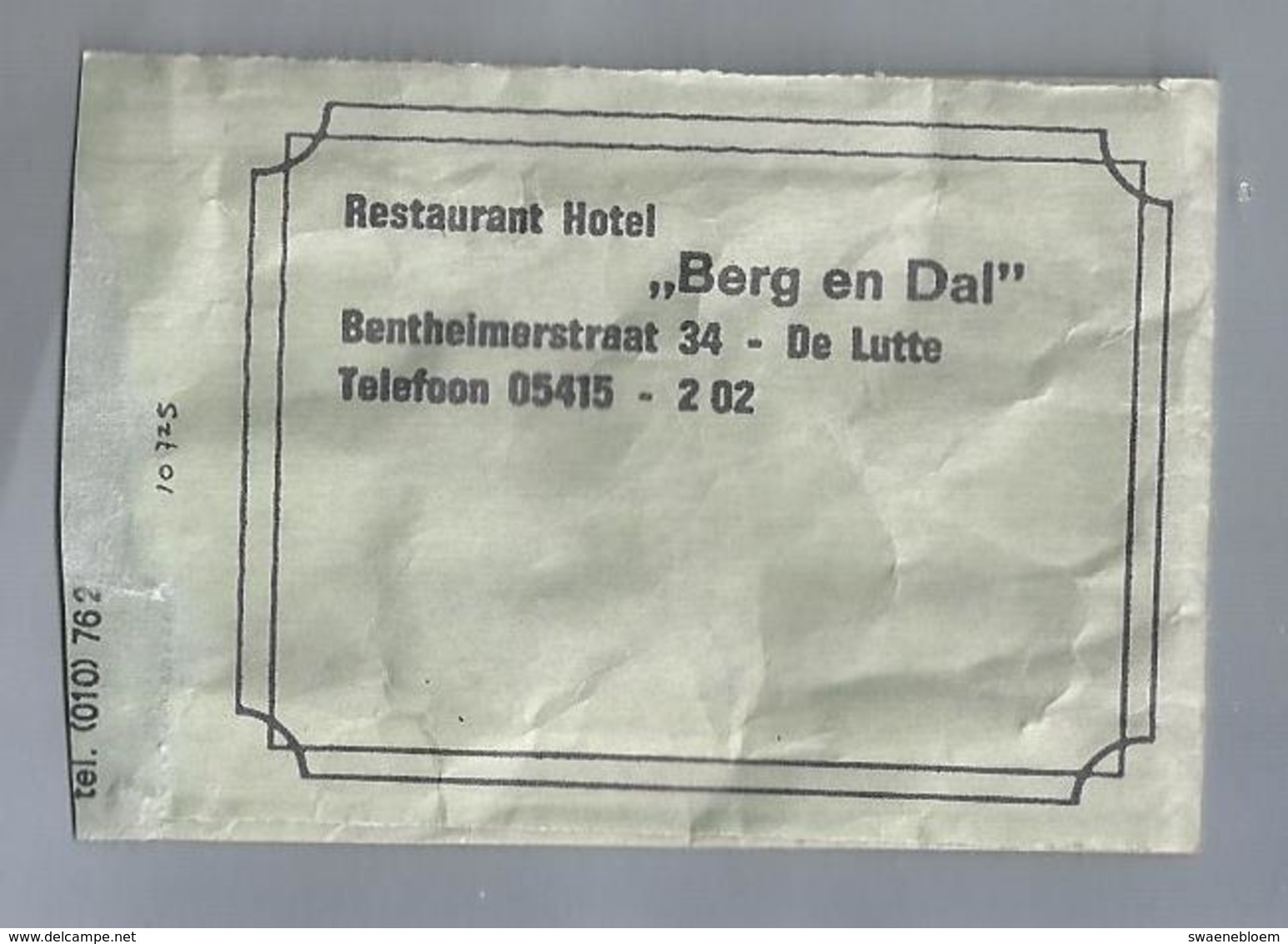 Suikerzakje.- DE LUTTE. RESTAURANT HOTEL - BERG EN DAL -. Bentheimerstraat 34. Sugar Sucre Zucchero Zucker - Suiker