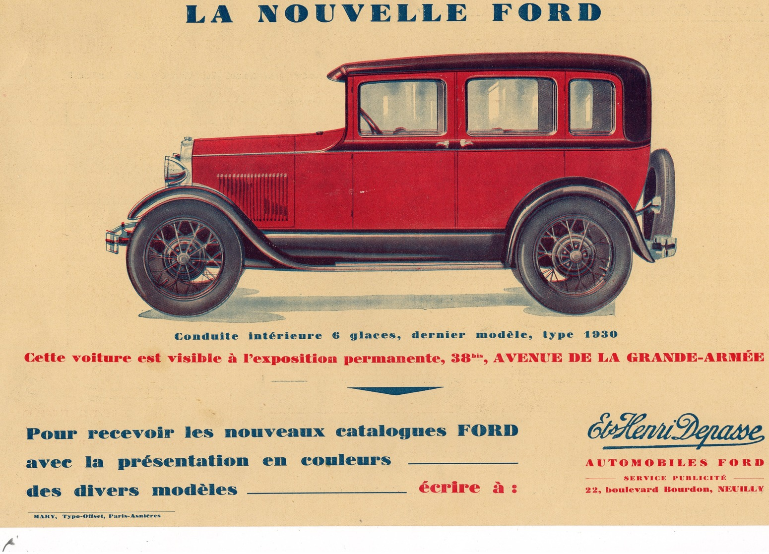 VOITURE - LA NOUVELLE FORD - Expostion Permanente Avenue De La Grande Armée- Conuite Intérieur 6 Places - Publicidad