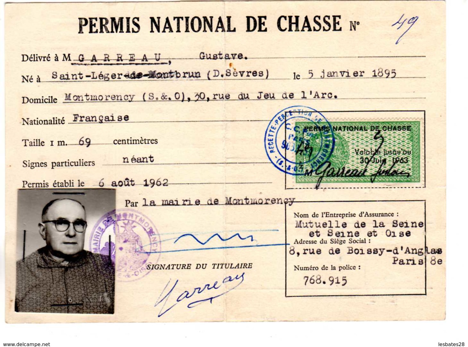 PERMIS NATIONAL DE CHASSE  1962  TIMBRE FISCAL  TAMPON MONTMORENCY PARIS  -DESC2019 GERA ALB - Autres & Non Classés